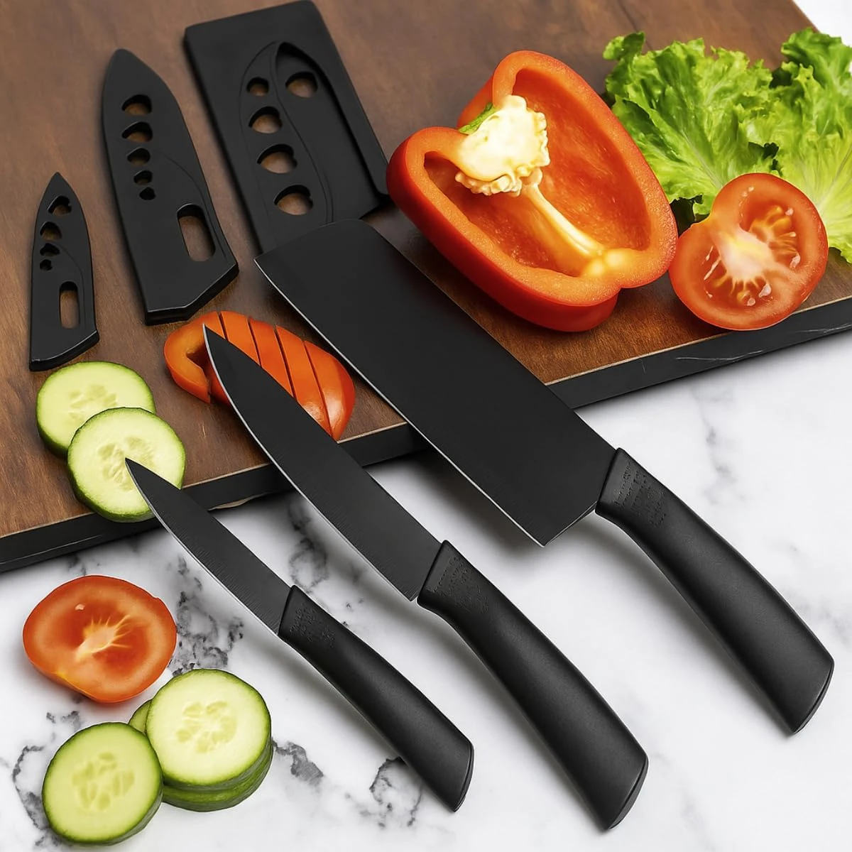 Professional Kitchen Knife Set, 3-Piece Black Chef Knives with Cover Ergonomic Handles Sharp Manual Sharpening for Home Kitchen & Restaurant...