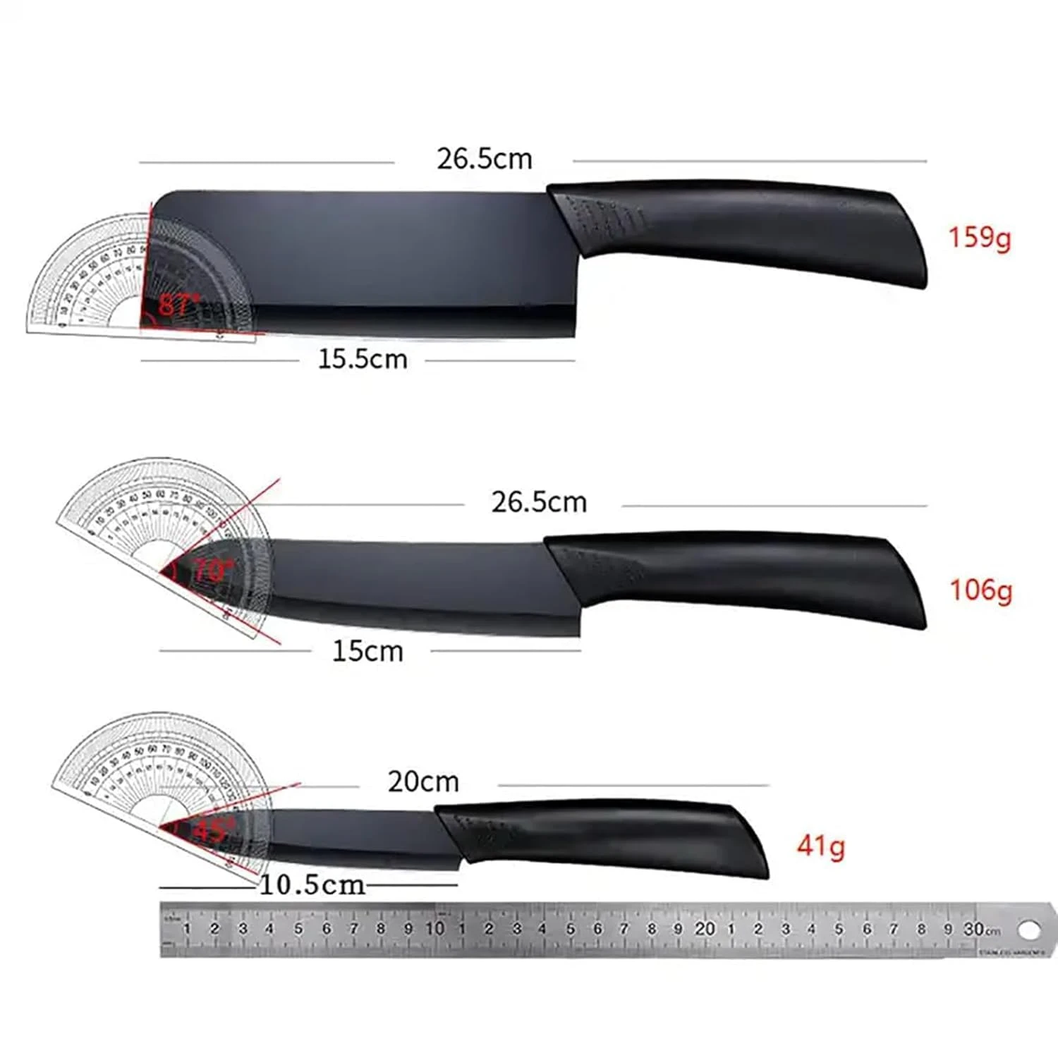 Professional Kitchen Knife Set, 3-Piece Black Chef Knives with Cover Ergonomic Handles Sharp Manual Sharpening for Home Kitchen & Restaurant...