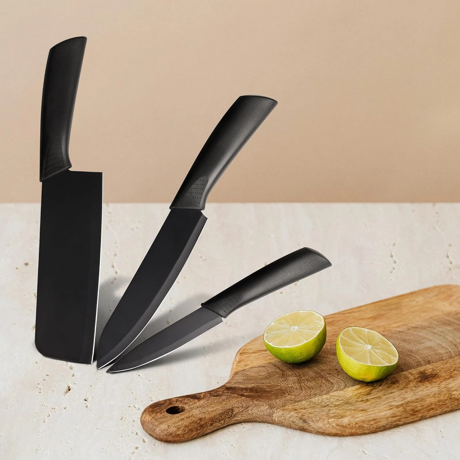 Professional Kitchen Knife Set, 3-Piece Black Chef Knives with Cover Ergonomic Handles Sharp Manual Sharpening for Home Kitchen & Restaurant...
