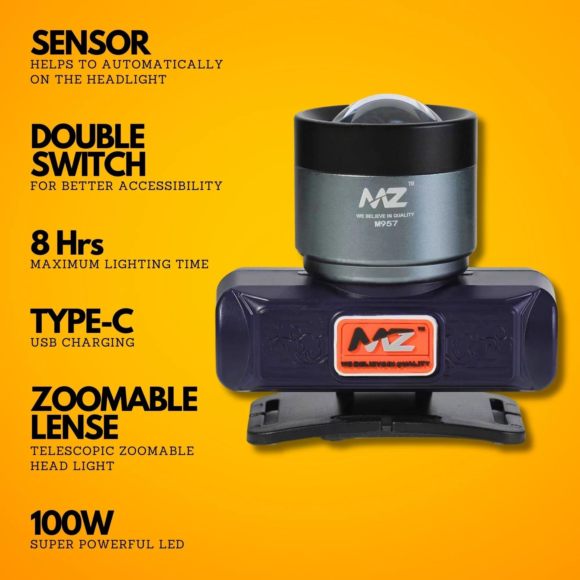 MZ M957-RECHARGEABLE LED HEADLAMP-Zoomable 100W Lense 6 Hours Working Torch (Black, 7 cm, Rechargeable)