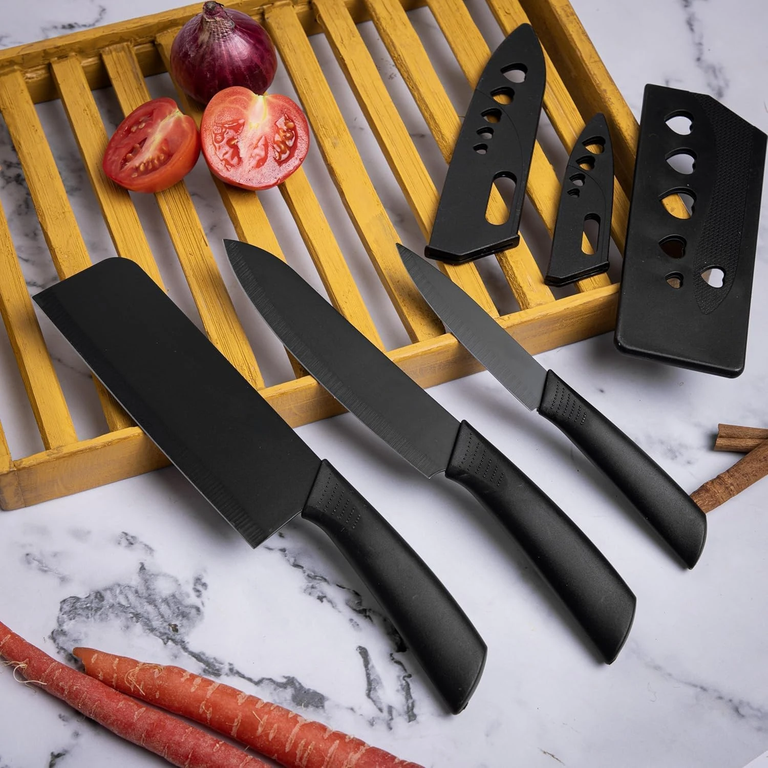 Professional Kitchen Knife Set, 3-Piece Black Chef Knives with Cover Ergonomic Handles Sharp Manual Sharpening for Home Kitchen & Restaurant...